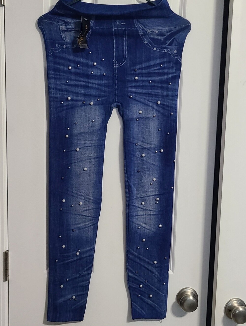 Women's Blue Pearl-Embellished Skinny Jeans Leggings